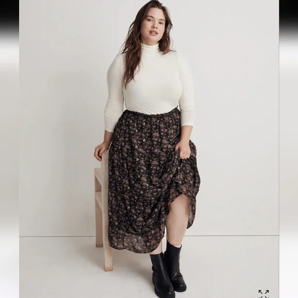 Madewell Georgette Crinkle Black Maxi Skirt Size 2X Blurred Blooms Plus - Picture 4 of 8